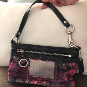 COACH signature plaid mini bag wristlet poppy